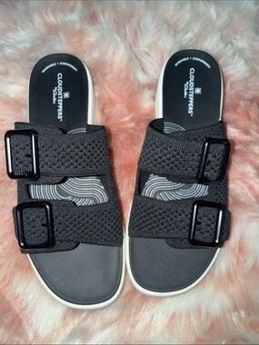 Cloudsteppers by Clarks Black Dual-Buckle Knit Slide Sandals